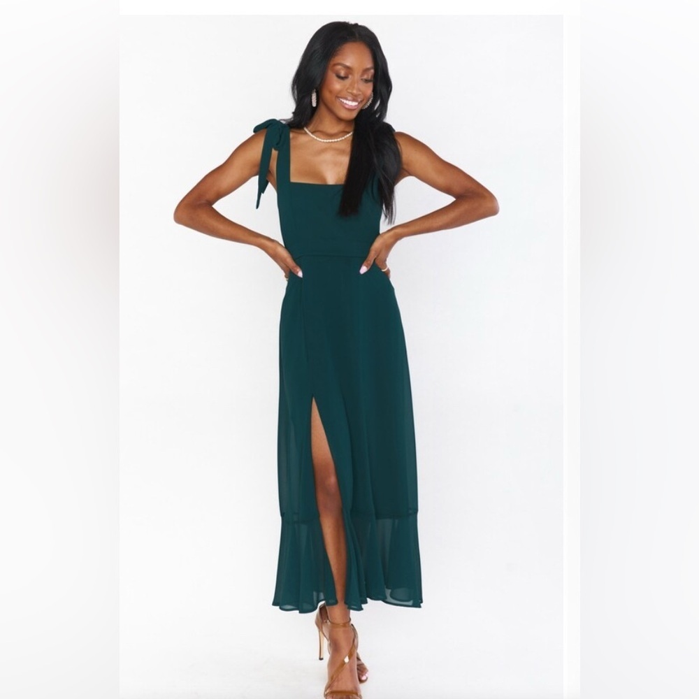 SHOW ME YOUR MUMU Claire Elegant Emerald Chiffon Midi Dress Bridesmaid NWT